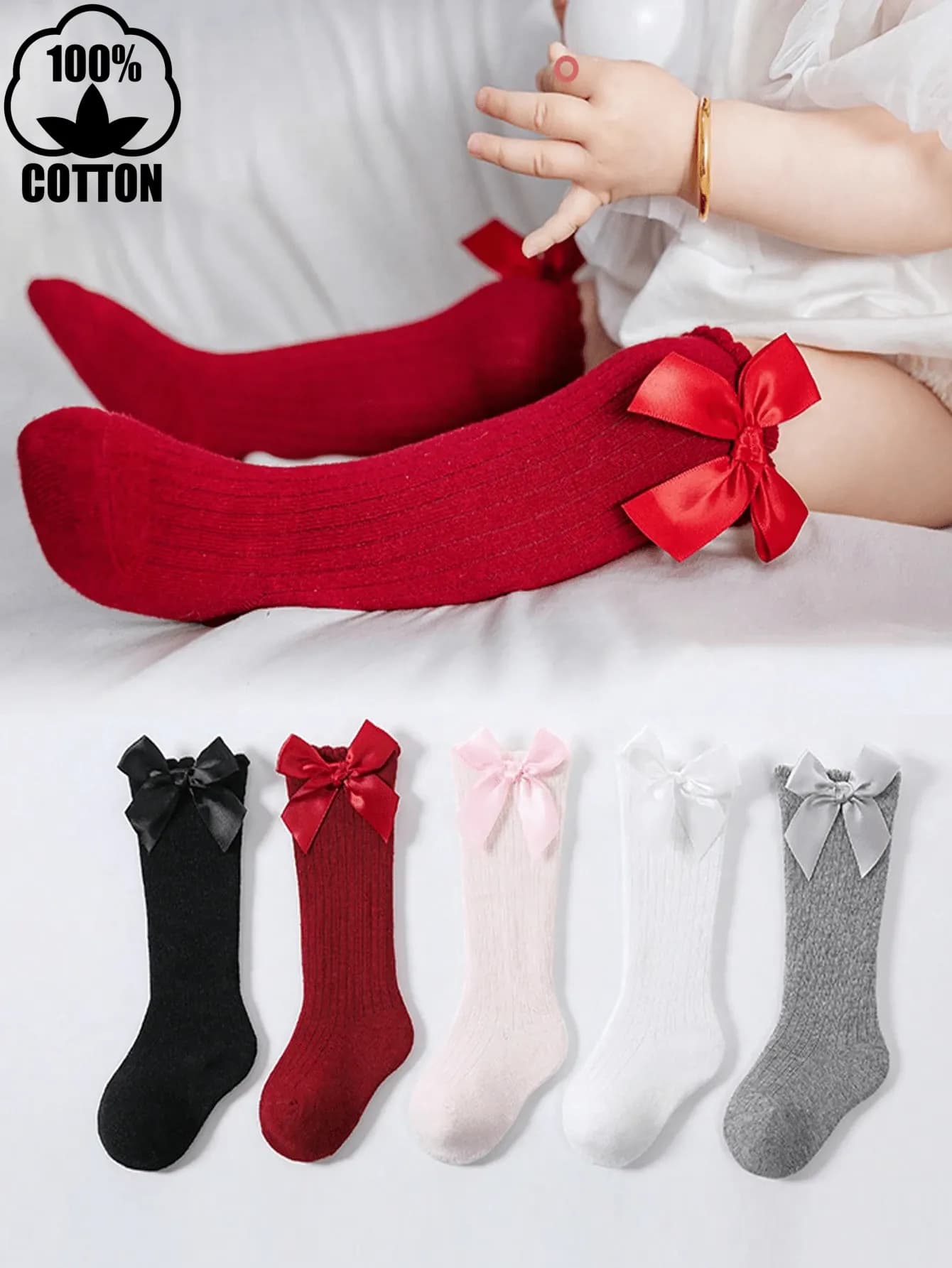 Set de 5 Pares de Medias Altas para Niñas con Lazo – Algodón, Color Sólido, Estilo Escolar