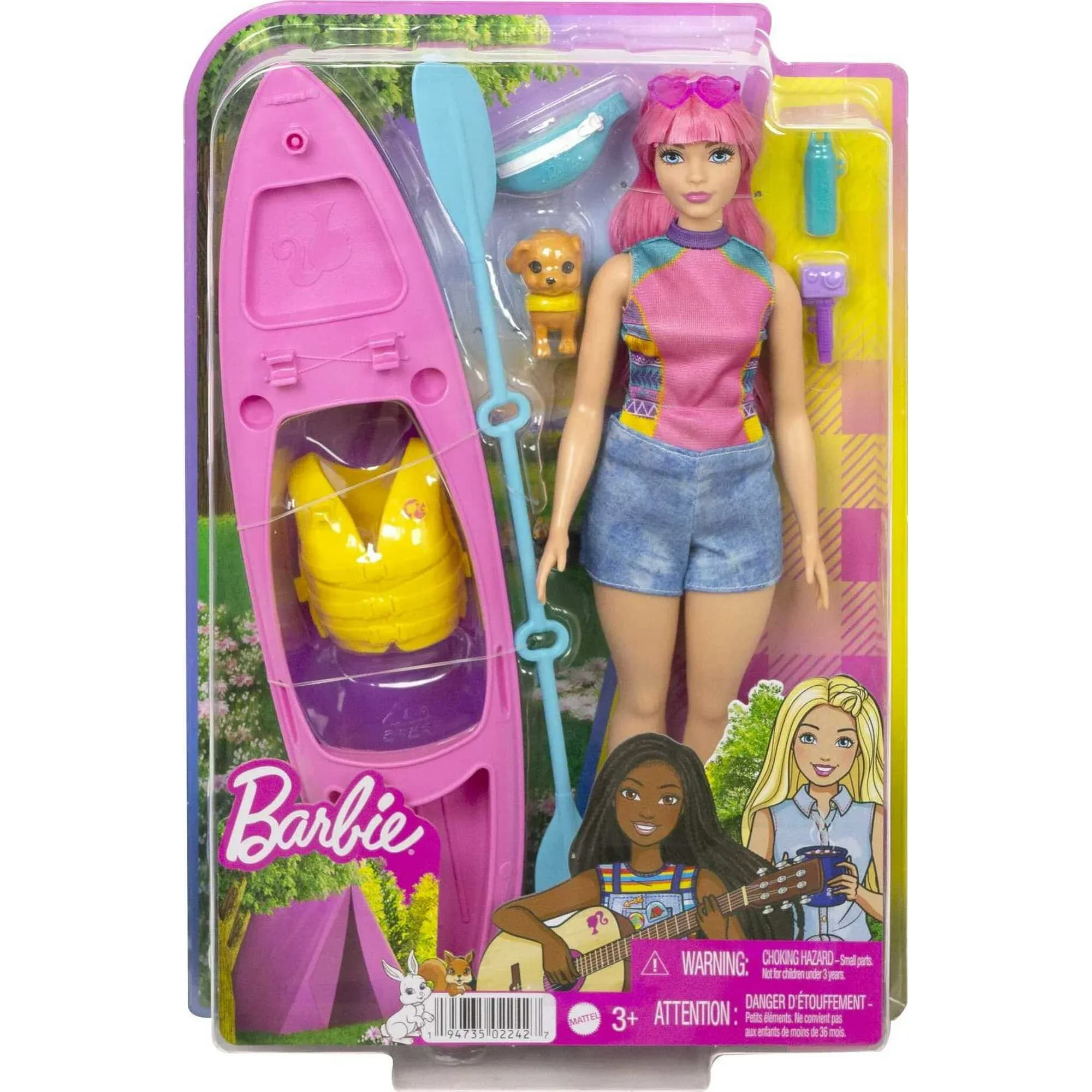 Muñeca Barbie It Takes Two Daisy y Set de Kayak, Muñeca Curvy con Pelo Rosa, Cachorro y Accesorios