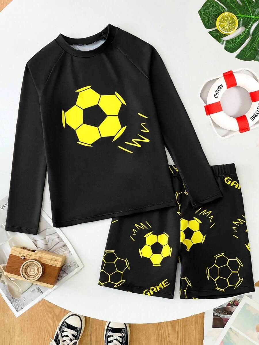 Set de 2 Piezas de Traje de Baño Ajustado con Gráfico Luminoso de Baloncesto para Niño – Ideal para Primavera, Verano y Vacaciones en la Playa