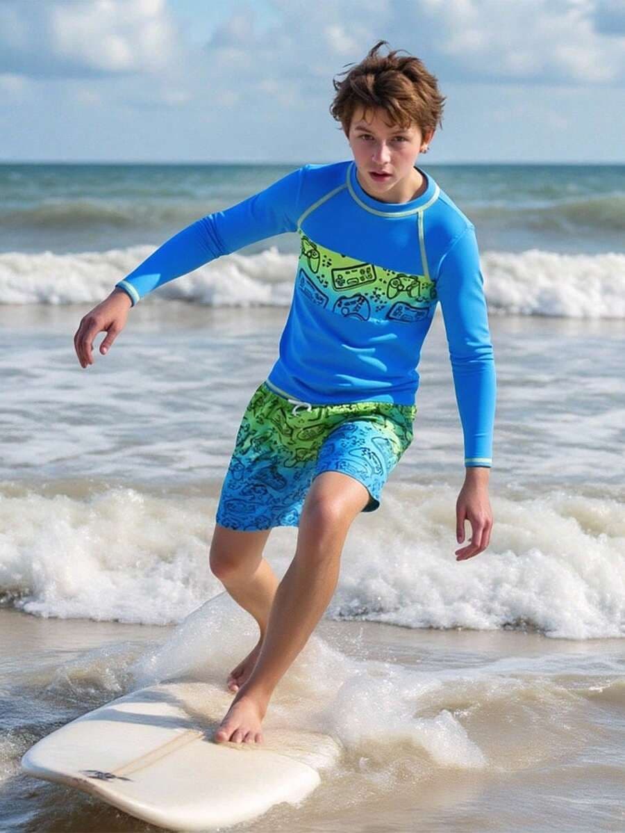 Set de 2 Piezas para Niño Tween con Estampado de Videojuegos (Traje de Baño y Shorts de Playa)