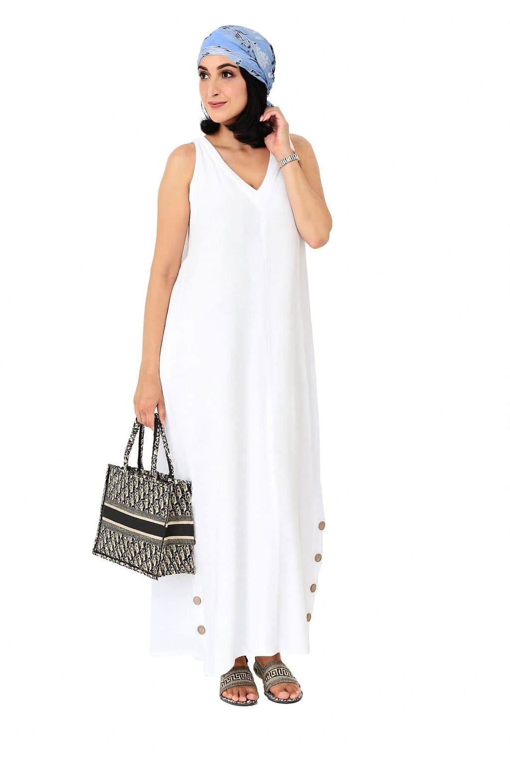 Vestido Largo Italiano – Blanco con Botones Laterales