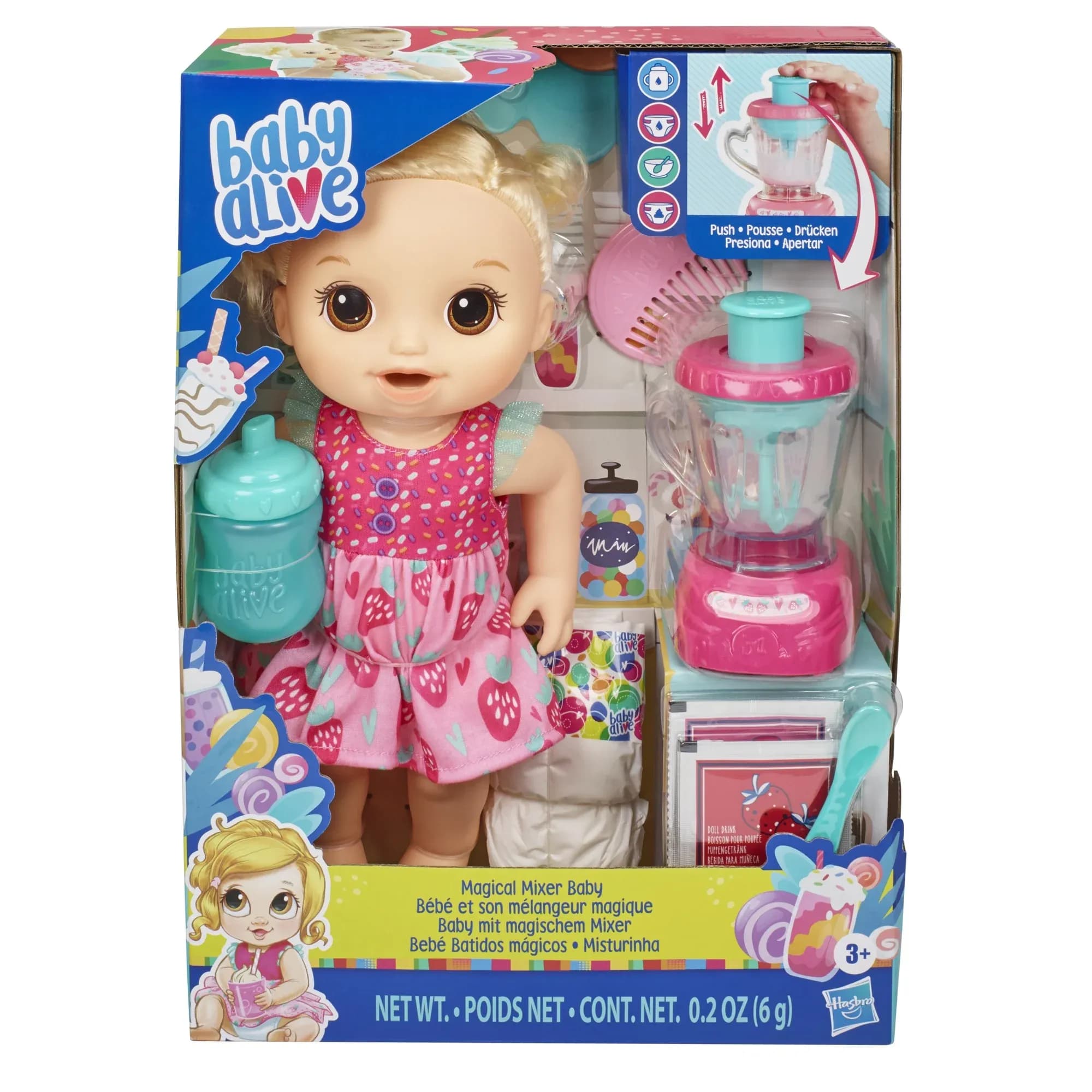 Muñeca Baby Alive Magical Mixer Baby Batido de Fresa, Licuadora, Bebe, Se Moja, Come, Juguete con Pelo Rubio