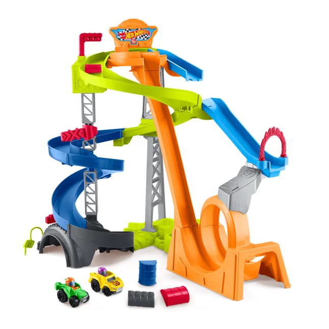 Set de Juego Pista de Carreras de Acrobacias en Espiral Hot Wheels Little People, 2 Coches de Juguete