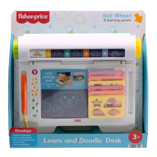 Escritorio de Aprendizaje y Garabatos Fisher-Price Learn & Doodle Desk, Tableta de Dibujo y Escritura sin Desorden con Pantalla LCD para Niños