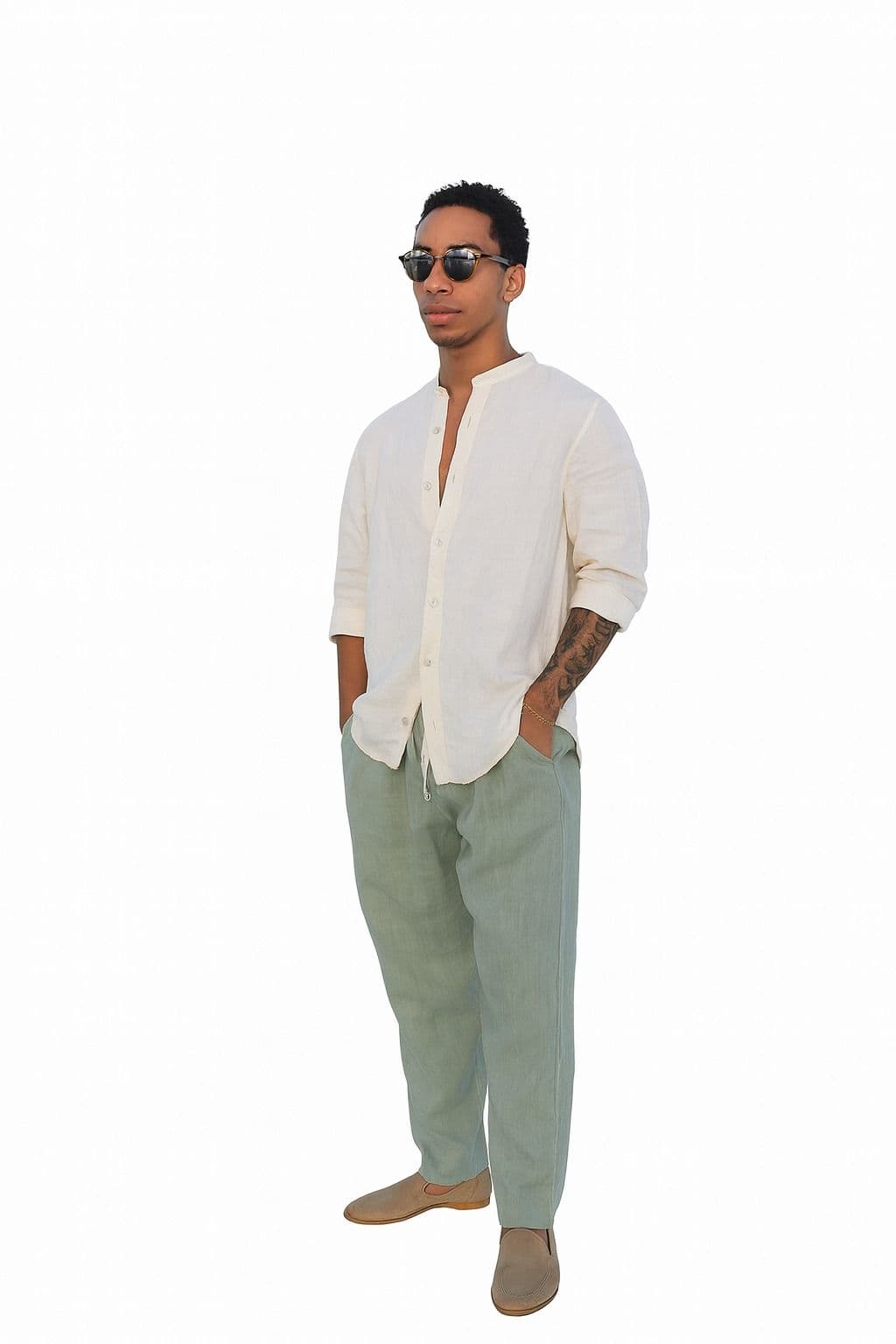Conjunto de Lino Italiano para Hombre – Camisa Crudo + Pantalón Verde Salvia