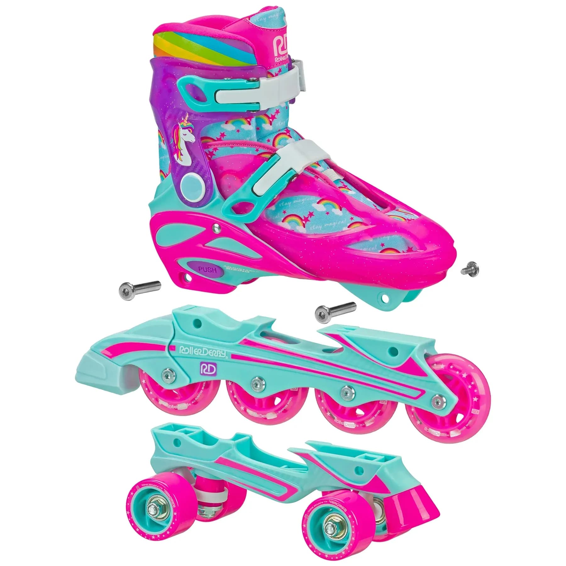 Patines Combo 2 en 1 Roller Derby Sprinter para Niña, Patines en Línea y de 4 Ruedas (Quad), Unicornio (Talla Pequeña 12-2)