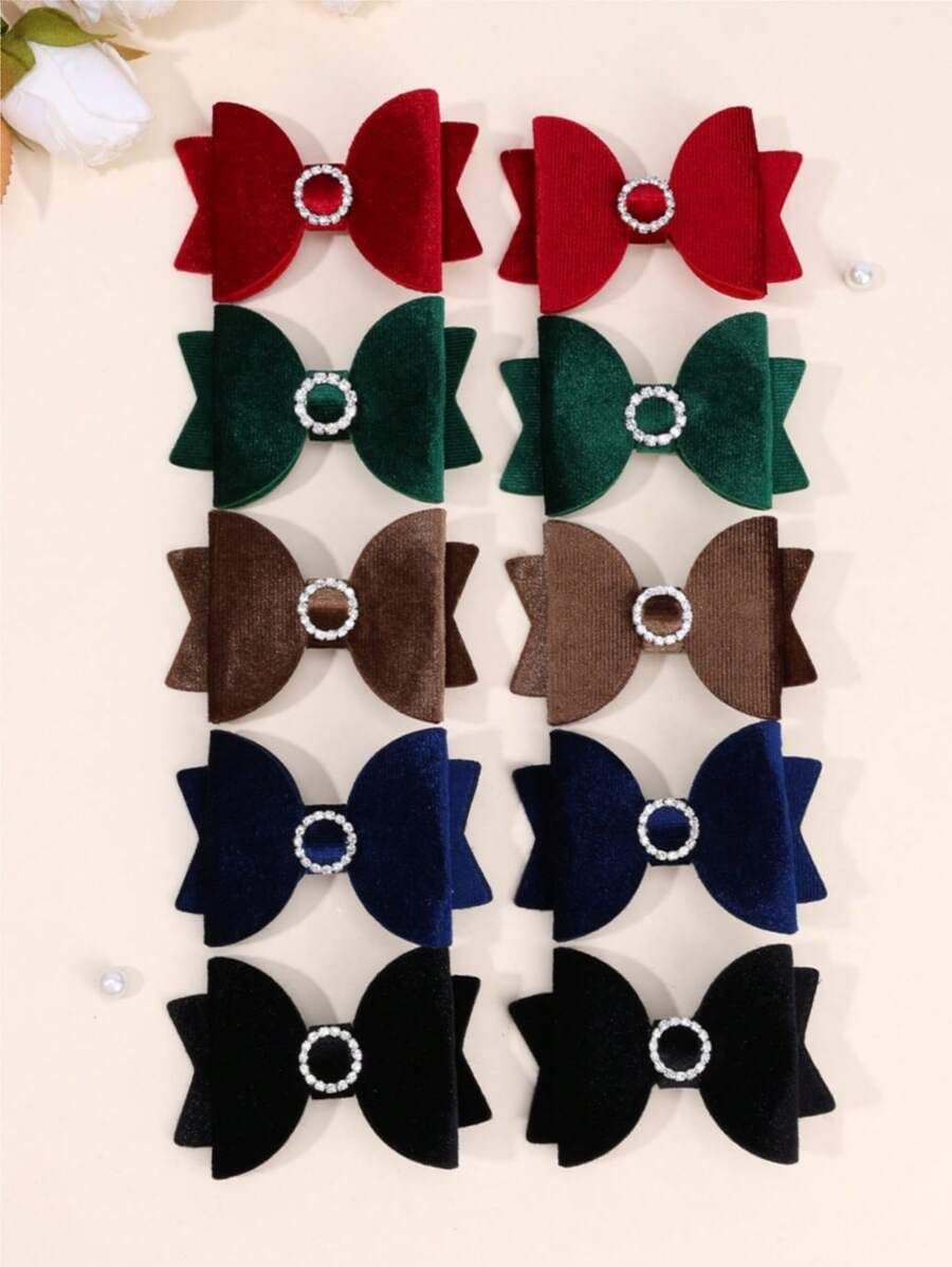 Set de 2/10 Ganchos para el Cabello con Lazos de Terciopelo para Niñas – Con Decoración de Diamantes Redondos – Colores Verde Oscuro, Negro y Vino Tinto