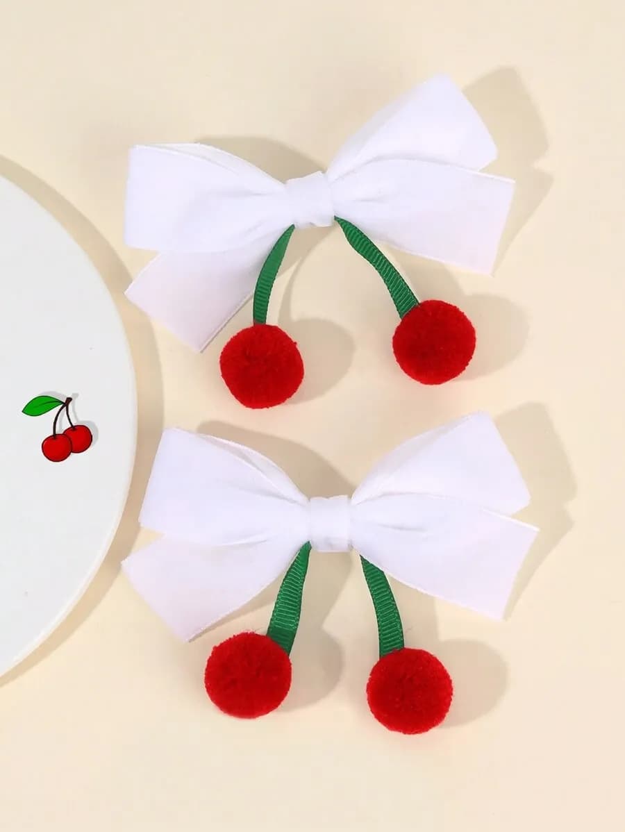 Lazos Blancos de Terciopelo para Niñas – Ganchos con Lazo Blanco y Borlas de Cereza, Accesorio Adorable para el Cabello