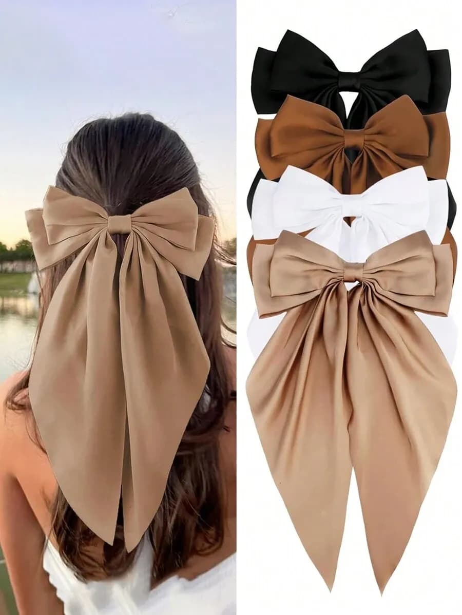 Set de 1/4 Ganchos para el Cabello con Lazos para Mujer – Lazos Negros, Blancos y Rosados en Satén con Cola Larga