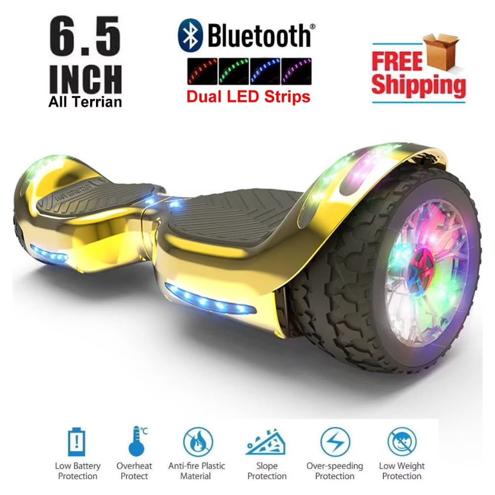 Patineta Eléctrica (Hoverboard) Todoterreno con Ruedas LED Anchas y Altavoz Bluetooth, Color Oro Cromado