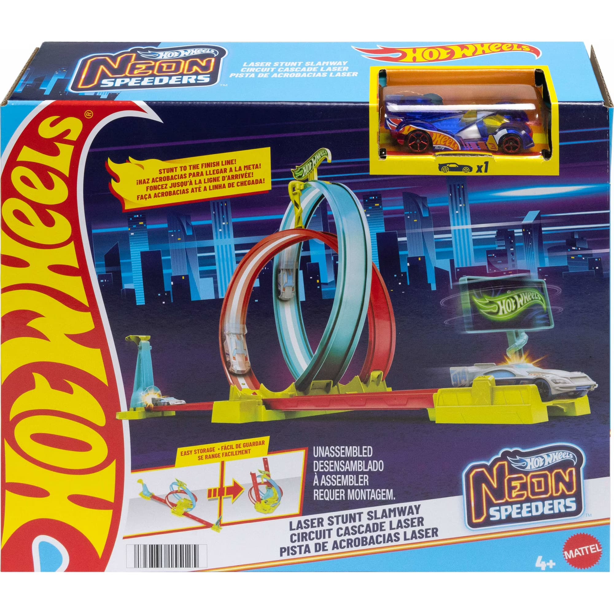 Pista Hot Wheels Neon Speeders Laser Stunt Slamway, con 1 Coche, Pista Tricolor y Fácil Almacenamiento