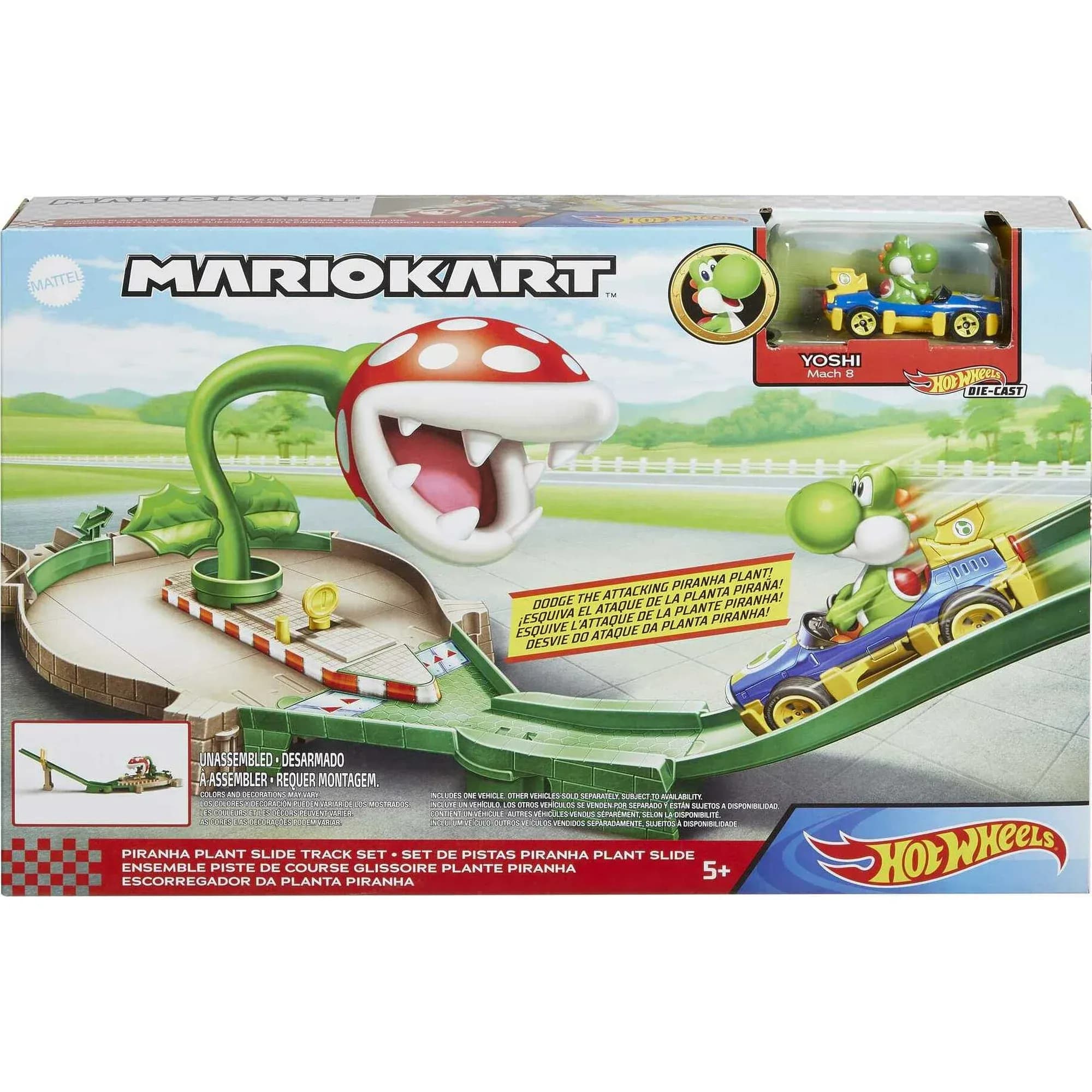 Pista Mario Kart Planta Piraña Hot Wheels con Kart Yoshi Escala 1:64 y Lanzador de Gravedad