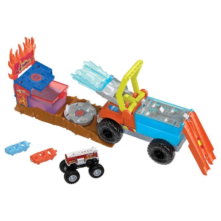 Set de Juego Hot Wheels Monster Trucks Arena Smashers Color Shifters Rescate 5-Alarm, Juguete de Choques