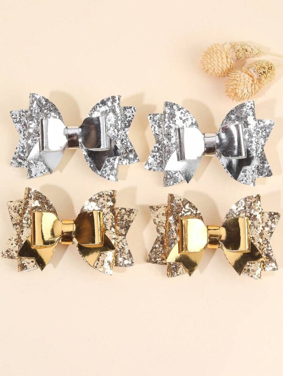 Set de 2/4 Ganchos para el Cabello con Lazo en Dorado y Plateado con Brillos – Accesorios para Niñas, Toddlers y Adolescentes