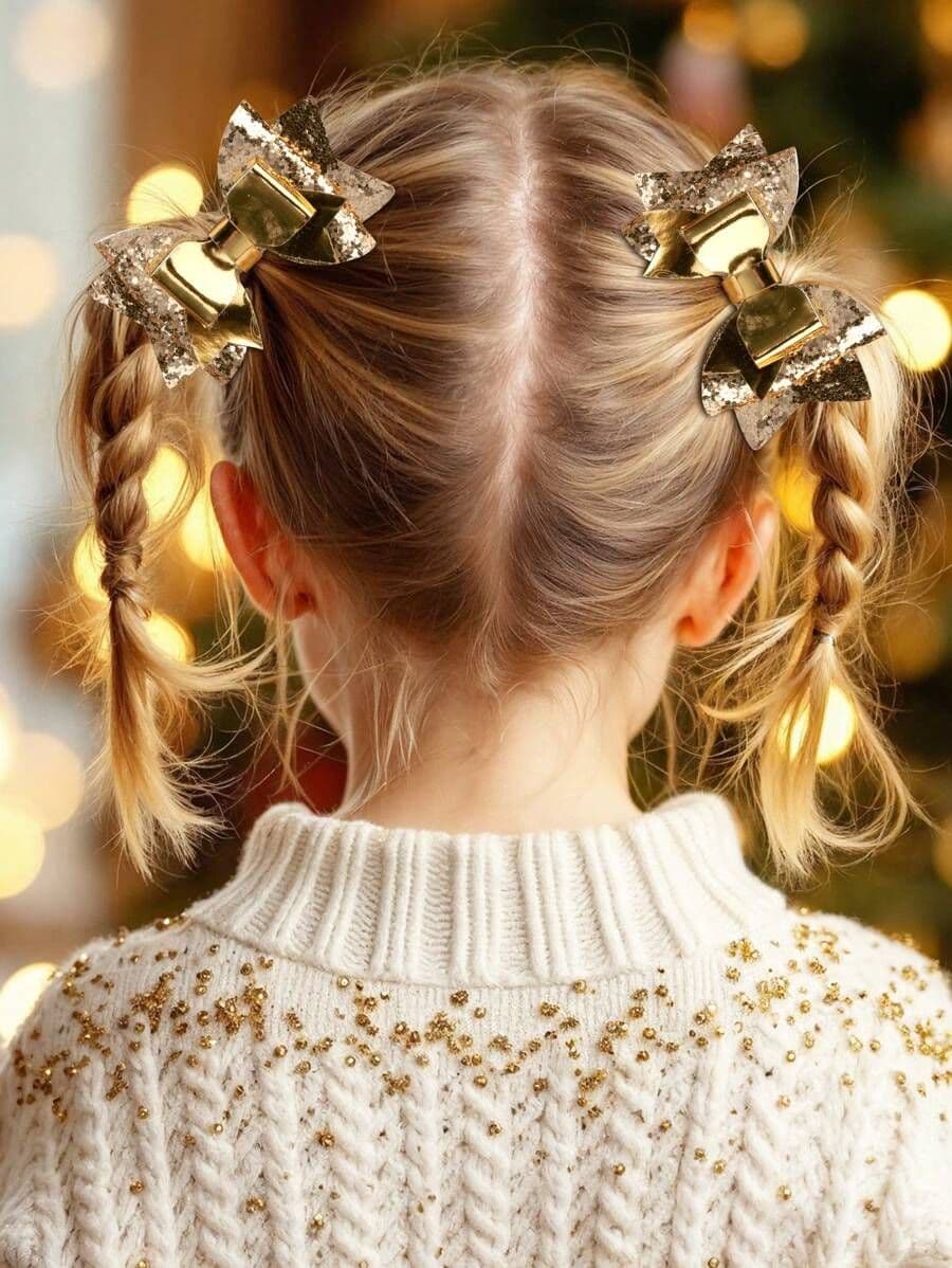 Set de 2/4 Ganchos para el Cabello con Lazo en Dorado y Plateado con Brillos – Accesorios para Niñas, Toddlers y Adolescentes